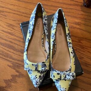 J.Crew super cute pointy toed flats!! Yellow with white and gray floral design